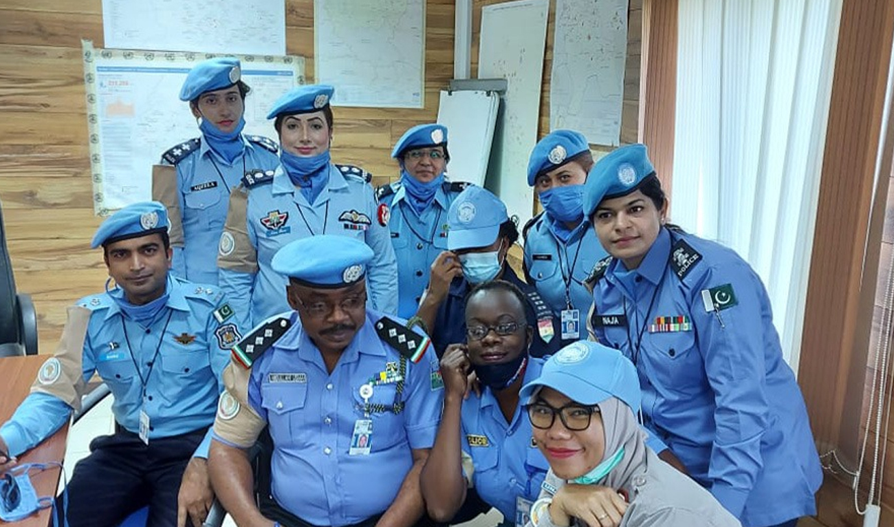 This photo, released by Pakistan’s Permanent Mission to the United Nations on social media platform X on September 7, 2024, shows Pakistani police officers with their counterparts from different countries. (Photo courtesy: X/ @PakistanUN_NY)