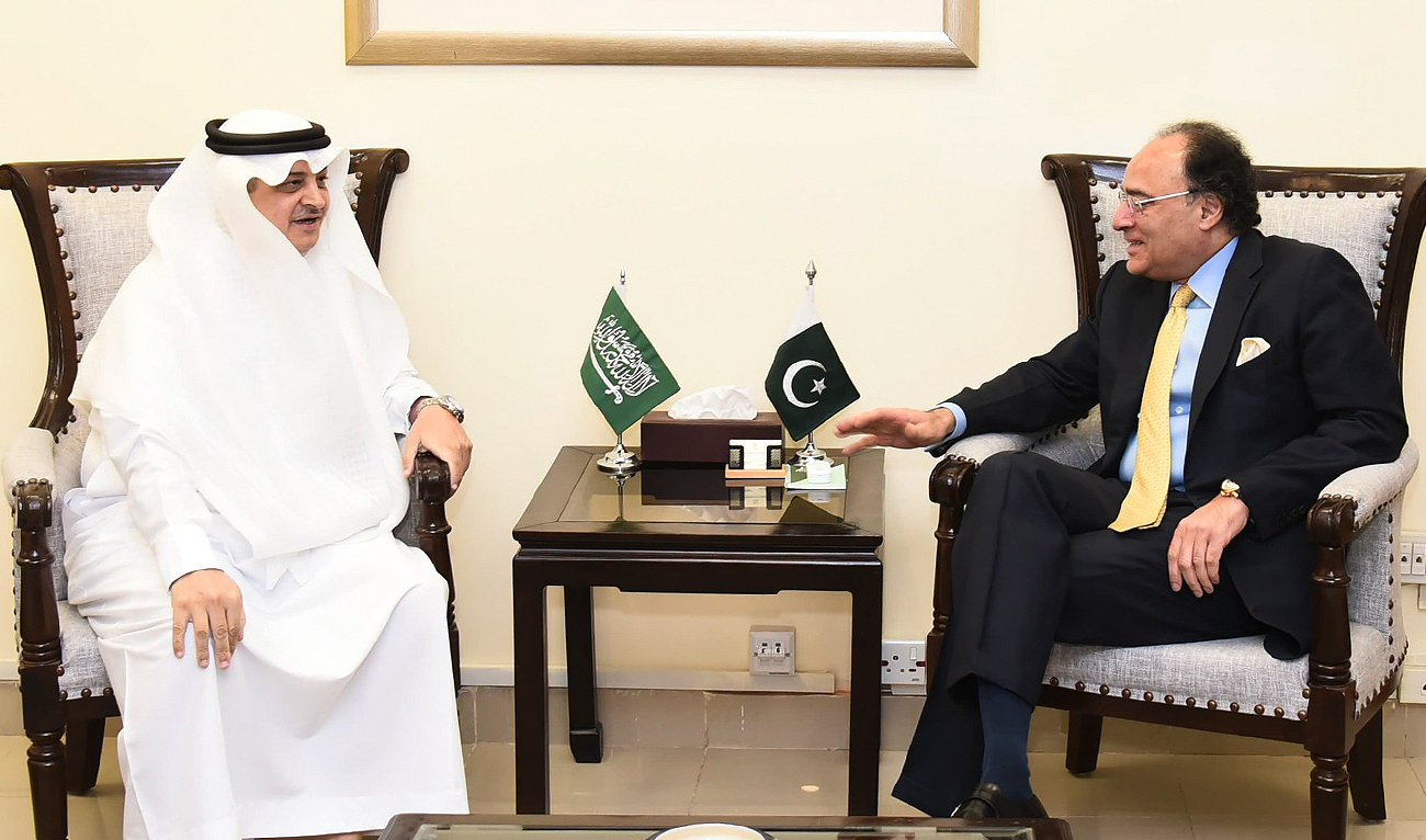 Pakistan Finance Minister Muhammad Aurangzeb speaks during a meeting with Saudi Ambassador to Pakistan Nawaf bin Saeed Al-Malki at the office of the Ministry of Finance in Islamabad on September 11, 2024. (Photo courtesy: Finance Ministry)