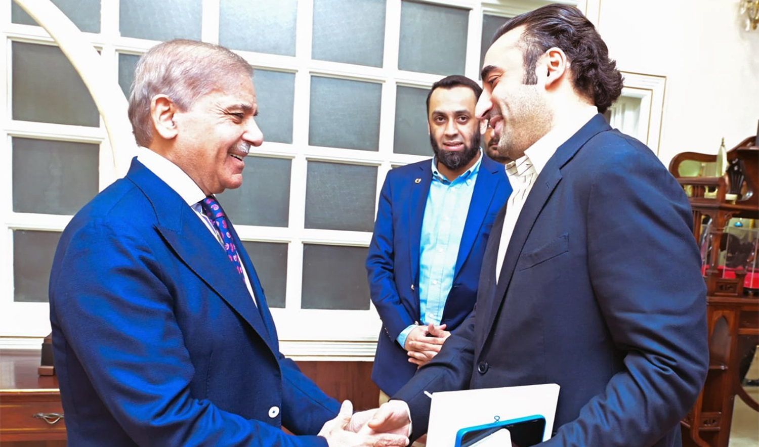 Pakistan Peoples Party's Chairman Bilawal Bhutto Zardari (right) calls on Prime Minister Shehbaz Sharif (left) in Islamabad, Pakistan, on September 16, 2024. (PID)