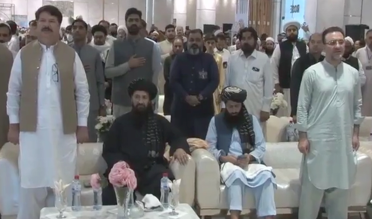 Afghan Consul General Mohibullah Shakir (2L) gestures during the Rehmat-ul-Alameen conference in Peshawar on September 18, 2024. (Photo courtesy: X/ @ishahabpk)