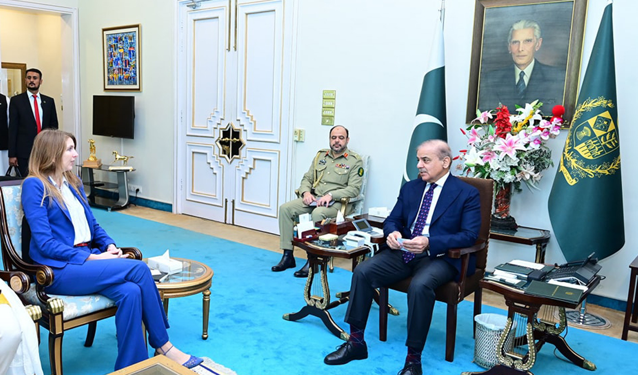 In this photo, taken and released by Prime Minister’s Office on September 19, 2024, British High Commissioner Jane Marriott meets Pakistan Prime Minister Shehbaz Sharif in Islamabad. (Photo courtesy: PMO)