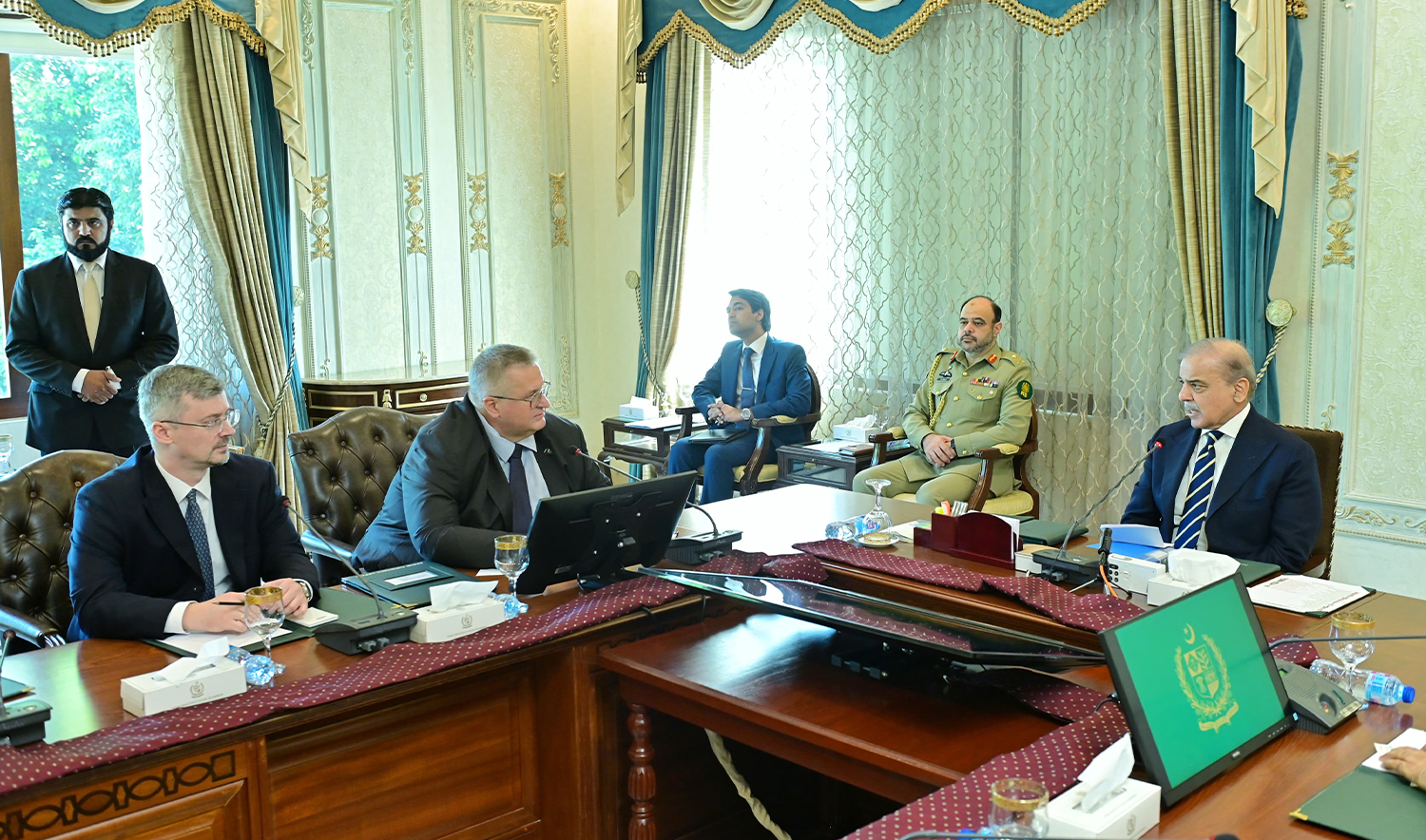 Russian Deputy Prime Minister Alexei Overchuk (second left) calls on Pakistan Prime Minister Shehbaz Sharif (right) in Islamabad, Pakistan on September 19, 2024. (Foreign Office)