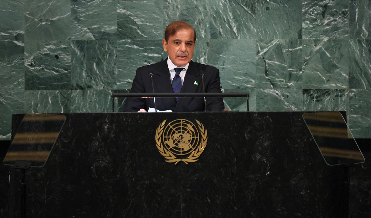 Prime Minister of the Islamic Republic of Pakistan Muhammad Shehbaz Sharif speaks at the 77th session of the United Nations General Assembly (UNGA) at U.N. headquarters on September 23, 2022 in New York City. (AFP/File)