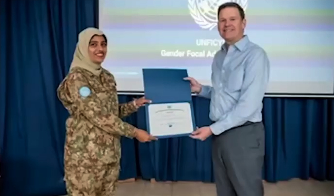 In this screengrab, taken from a handout video released by Pakistan’s Inter-Service Public Relations (ISPR) on September 20, 2024, Pakistan Army’s Major Sania Safdar, who served in UN Peacekeeping Mission Cyprus, receives UN Gender Advocacy Award at the United Nations Headquarters in New York. (Photo courtesy: ISPR)