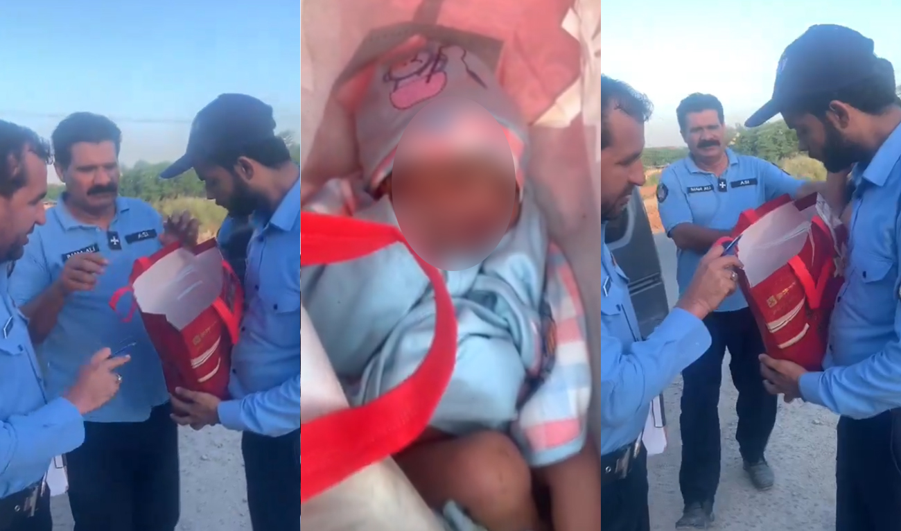 This combination of photos, created on September 21, 2024 from a viral video, shows Pakistani police officers holding a paper bag in which an infant found abandoned on the outskirts of Islamabad. (Photo courtesy: X/@DurraniViews)