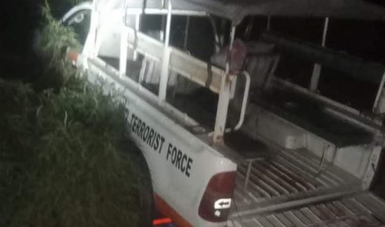 This photo shows Anti-Terrorist Force vehicle which came under militant attack in Zhob district, Balochistan on September 22, 2024. Three counter-terrorism officials killed in militant attack in Pakistan’s southwestern Balochistan province, according to police. (Photo courtesy: X/@bahot_baluch)