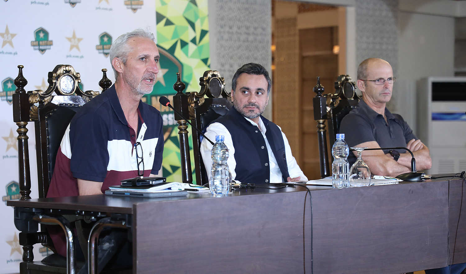 Pakistan cricket team's red-ball coach Jason Gillespie (left), Pakistan Cricket Board's Chief Operating Officer Salman Naseer (center), and white-ball head coach Gary Kirsten are pictured during their media talk in Lahore, Pakistan, on September 23, 2024, after Connection Camp meeting. (@TheRealPCB/X)