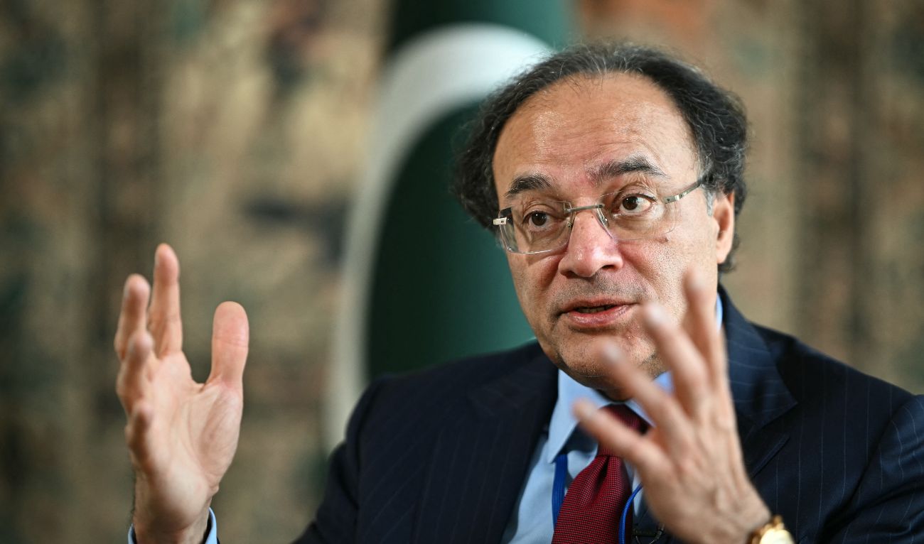 Pakistan's Finance Minister Muhammad Aurangzeb speaks during an interview with AFP at the Embassy of Pakistan in Washington, DC on April 15, 2024. (AFP/File)