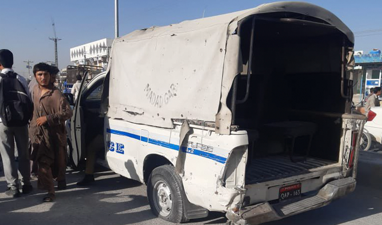 This photo shows police vehicle which came under militant attack in Quetta, Balochistan on September 25, 2024. (Photo courtesy: X/@saadiakhter)