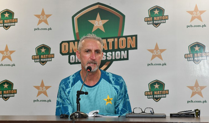 Pakistan men’s red-ball head coach Jason Gillespie’s speaks during a press conference in Karachi on July 7, 2024. (PCB/File)
