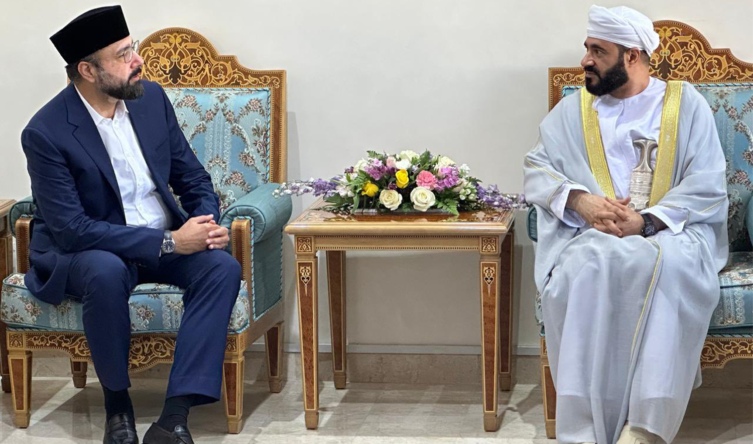 Pakistani Minister for Religious Affairs Chaudhry Salik Hussain (left) calls on his Omani counterpart Mohammed bin Said bin Khalfan Al-Mamari in Oman on September 30, 2024. (@MORAisbOfficial/X)