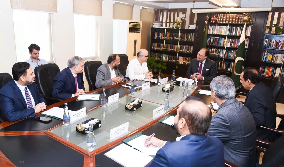 Pakistan's Federal Minister for Finance and Revenue Muhammad Aurangzeb speaks during a meeting with the Chairman of the Board of Directors of K-Electric, Mark Skelton in Islamabad, Pakistan on September 10, 2024. (Photo courtesy: Finance ministry)