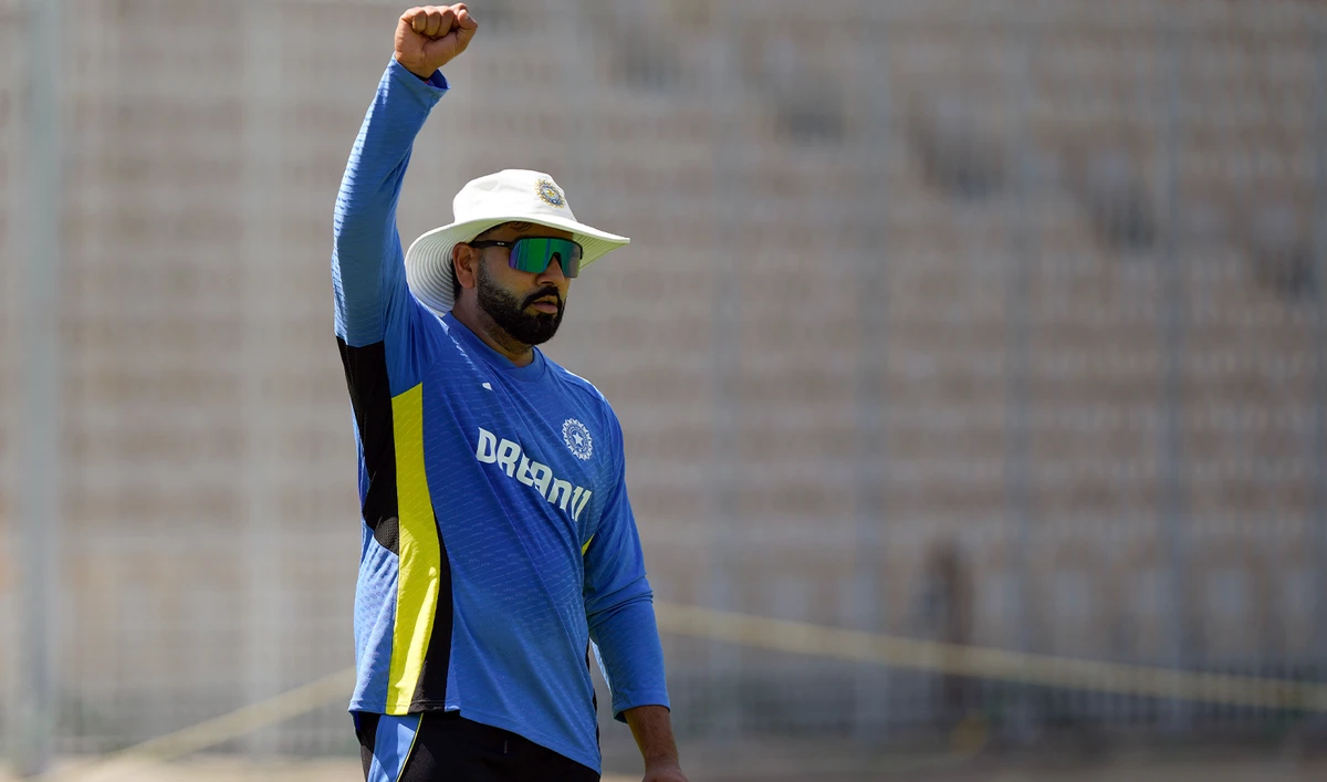 India's captain Rohit Sharma stretches during a training session ahead of their first test match between India and Bangladesh in Chennai, India, on September 16, 2024. (AP/File)