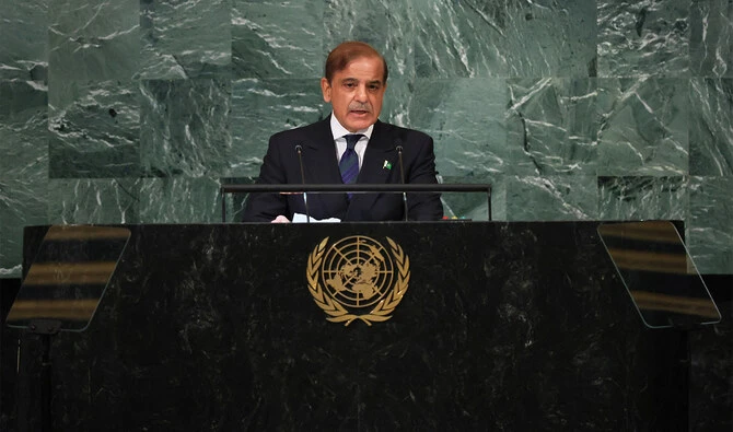 Prime Minister of Pakistan Shehbaz Sharif speaks at the 77th session of the United Nations General Assembly (UNGA) at U.N. headquarters on September 23, 2022 in New York City. (AFP/File)