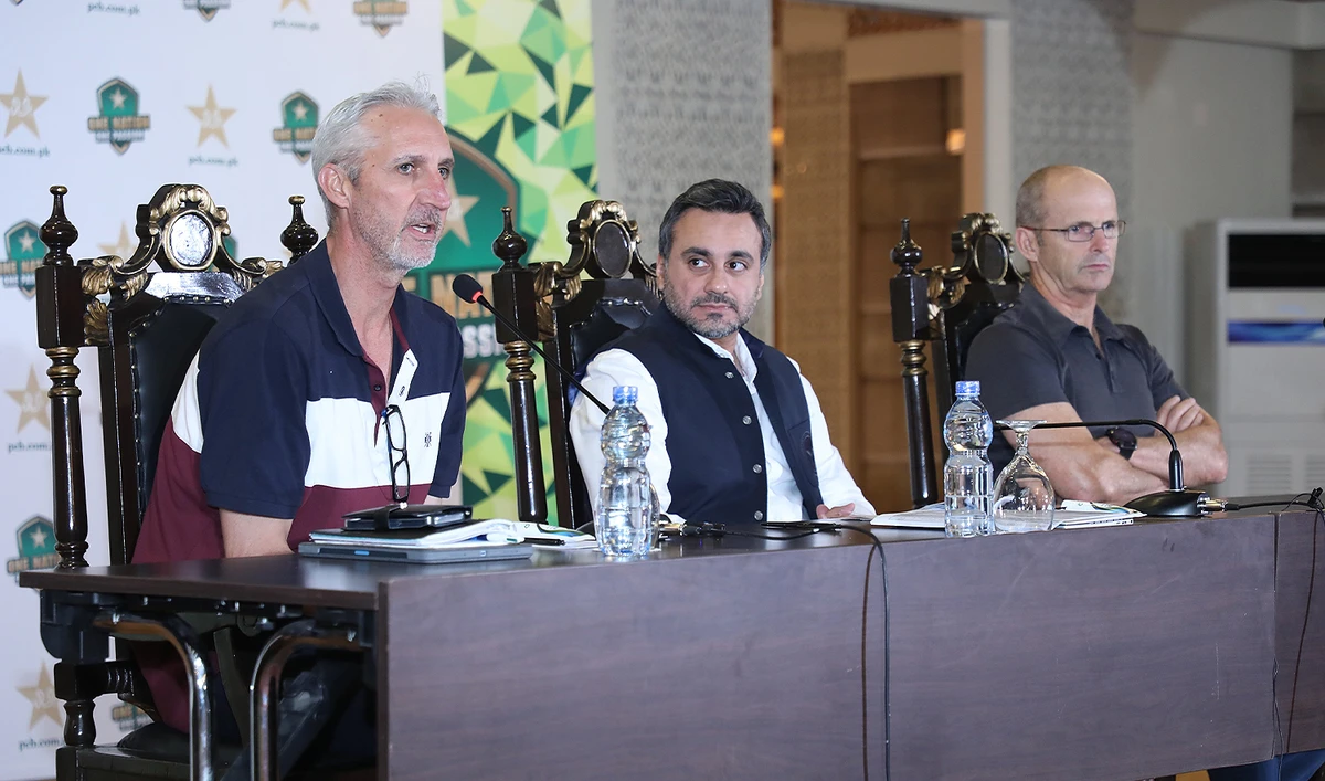 Pakistan cricket team's red-ball coach Jason Gillespie (left), Pakistan Cricket Board's Chief Operating Officer Salman Naseer (center), and white-ball head coach Gary Kirsten are pictured during their media talk in Lahore, Pakistan, on September 23, 2024, after Connection Camp meeting. (@TheRealPCB/X)