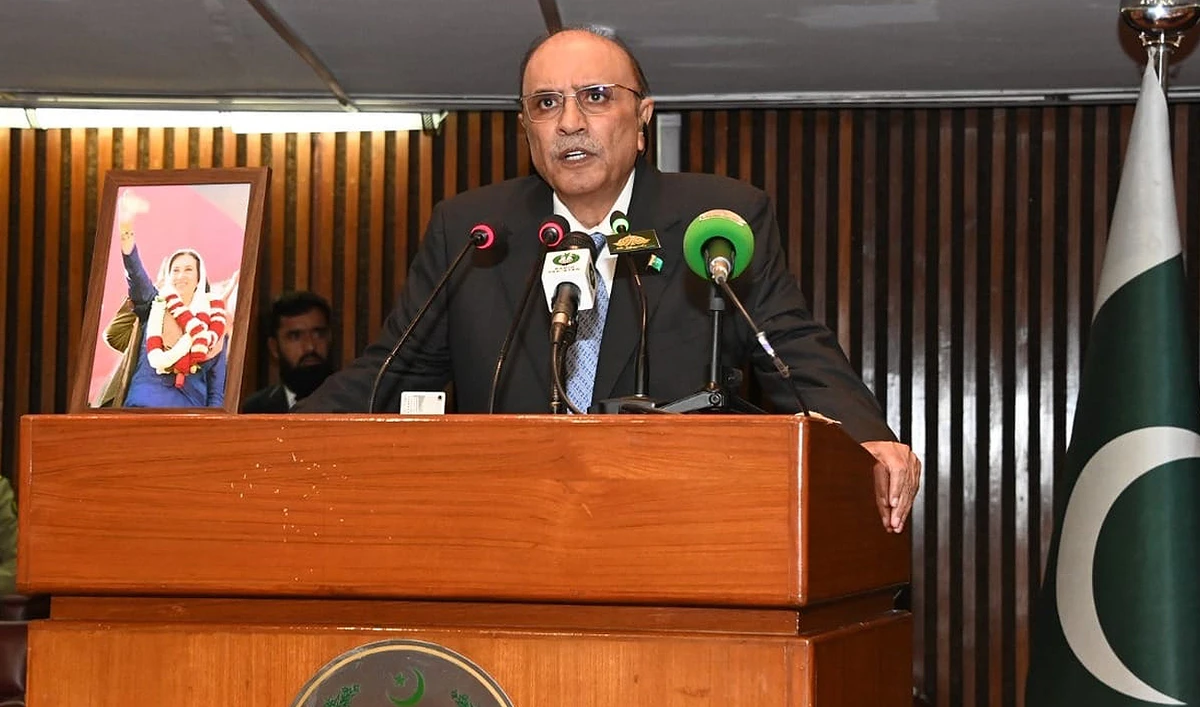 In this file photograph, taken and released by the Press Information Department on April 18, 2024, Pakistan President Asif Ali Zardari speaks the Joint Session of the Parliament in Islamabad. (PID)
