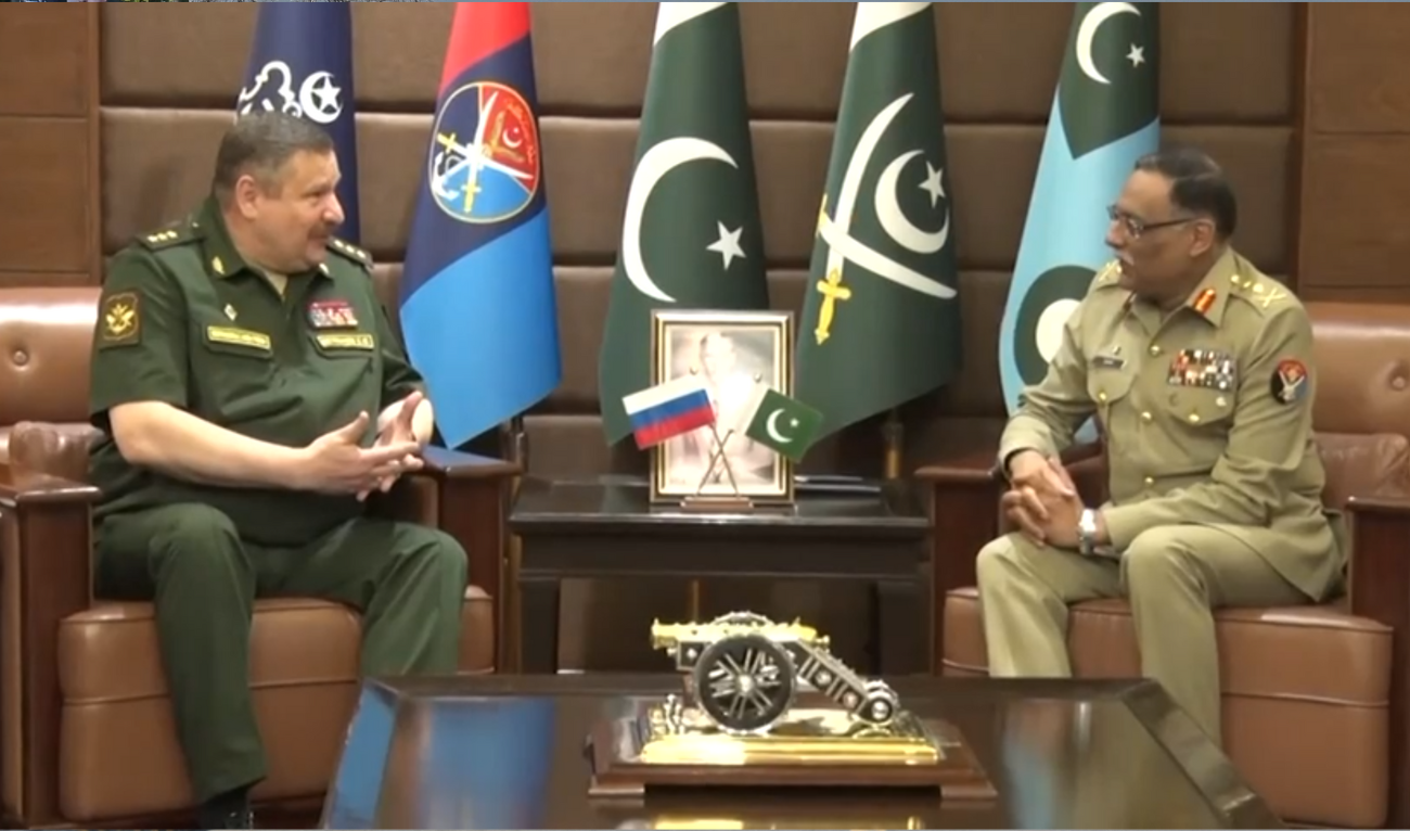 Russia’s Deputy Chief of General Staff Sergey Yuryevich Istrakov (left) in a meeting with Pakistan’s Chairman Joint Chiefs of Staff Committee General Sahir Shamshad Mirza in Rawalpindi on October 4, 2024. (Photo courtesy: ISPR)