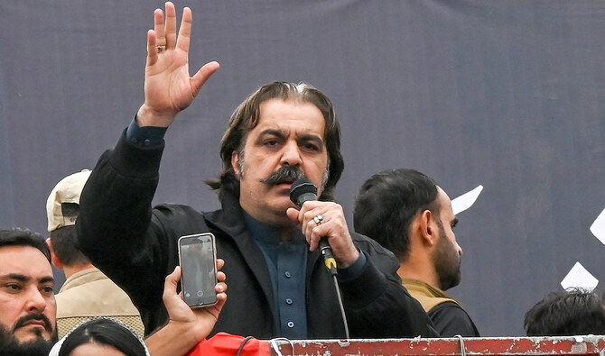 Pakistan Tehreek-e-Insaf (PTI) party nominated Chief Minister of Khyber Pakhtunkhwa Ali Amin Gandapur (C) addresses a protest against the alleged skewing in Pakistan's national election, in Peshawar on March 10, 2024. (AFP/File)
