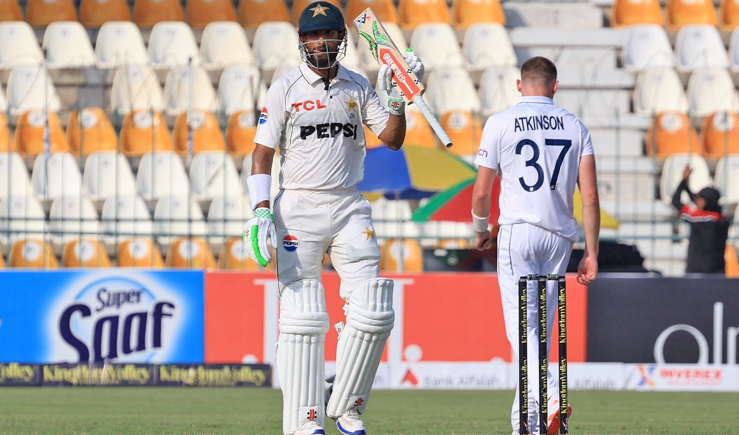 Pakistan's Shan Masood celebrates after scoring 150 runs in the First Test between England and Pakistan at the Multan Cricket Stadium in Multan, Pakistan, on October 7, 2024. (REUTERS)