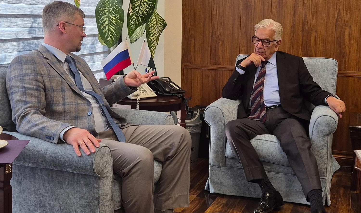 Russia’s Ambassador to Pakistan Albert P. Khorev calls on Defense Minister Khawaja Muhammad Asif in Islamabad, Pakistan on October 8, 2024. (@RusEmbPakistan/X)