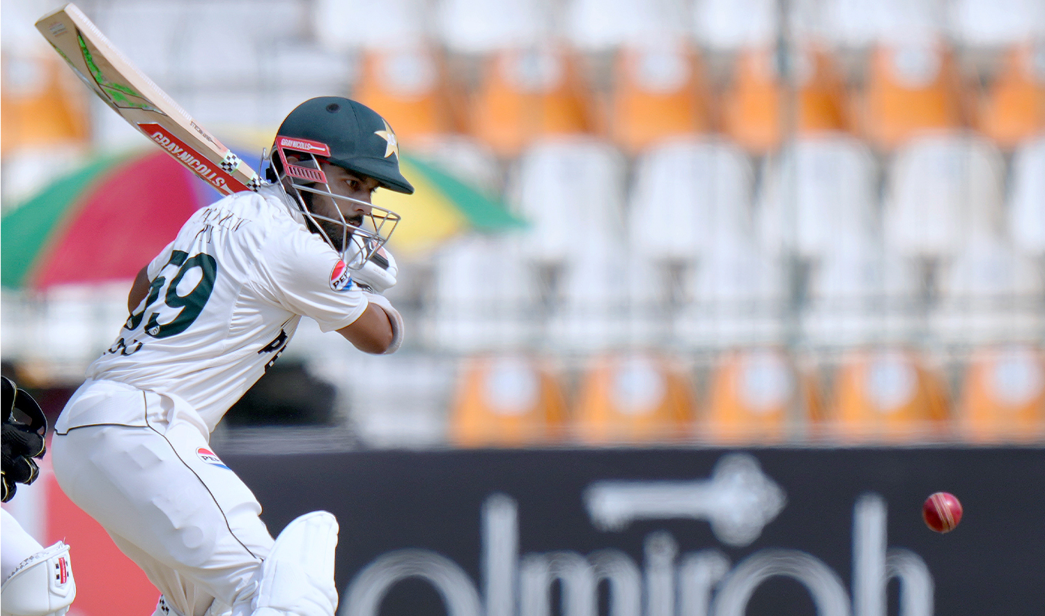 Pakistan's Saud Shakeel plays a shot during the second day of the first test cricket match between Pakistan and England, in Multan, Pakistan, on Oct. 8, 2024. (AP)