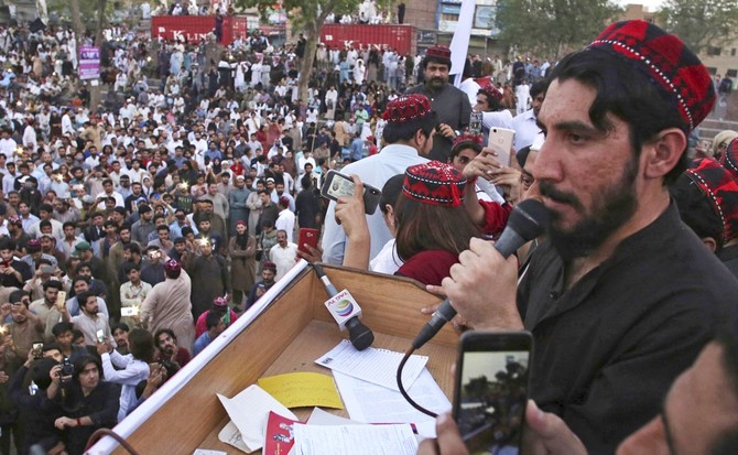 In this file photo, Manzoor Pashteen, a leader of Pashtun Protection Movement addresses his supporters during a rally in Lahore, Pakistan on April 22, 2018. (AP/ File)