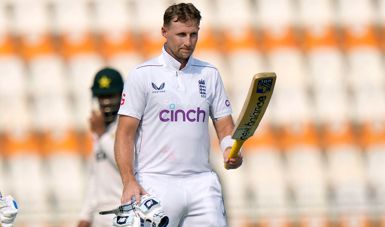 England’s Joe Root celebrates after scoring century during the third day of the first test cricket match between Pakistan and England, in Multan on October 9, 2024. (AP)
