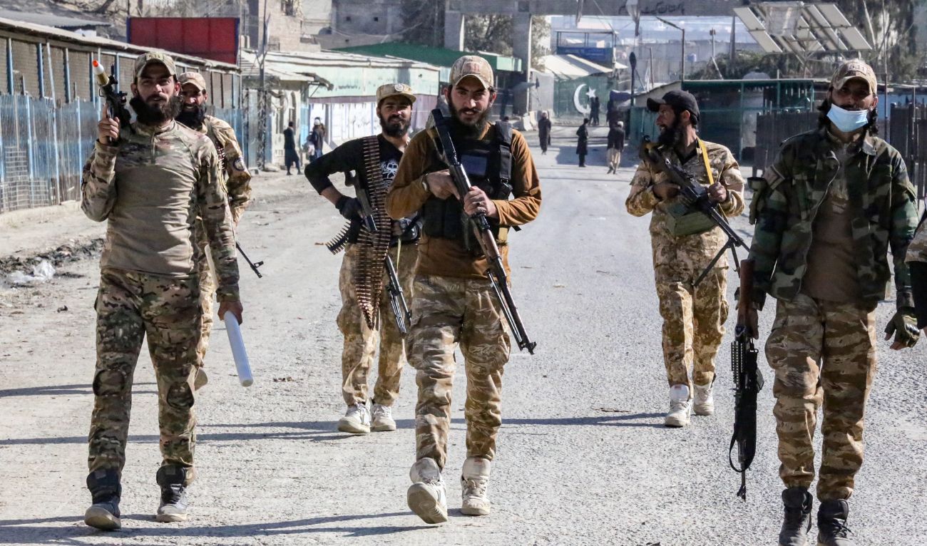 Afghan security personnel patrol near the zero point Torkham border crossing between Afghanistan and Pakistan, in Nangarhar province on January 15, 2024. (AFP/File)