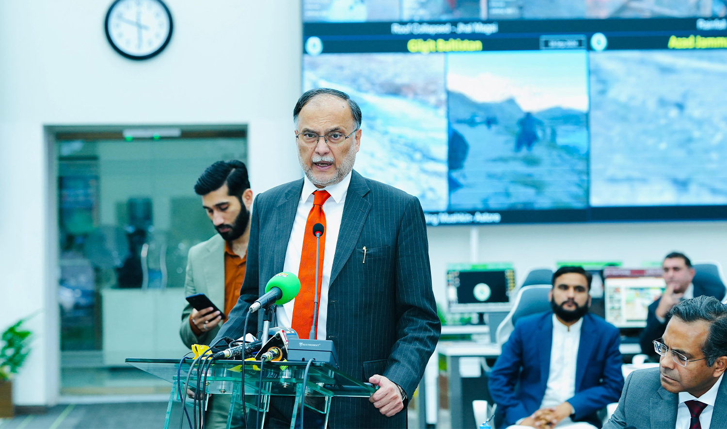 Pakistan's Federal Minister for Planning and Development Ahsan Iqbal addresses a conference focused on the humanitarian response to the situation in Gaza and Lebanon in Islamabad, Pakistan on October 11, 2024. (NDMA)