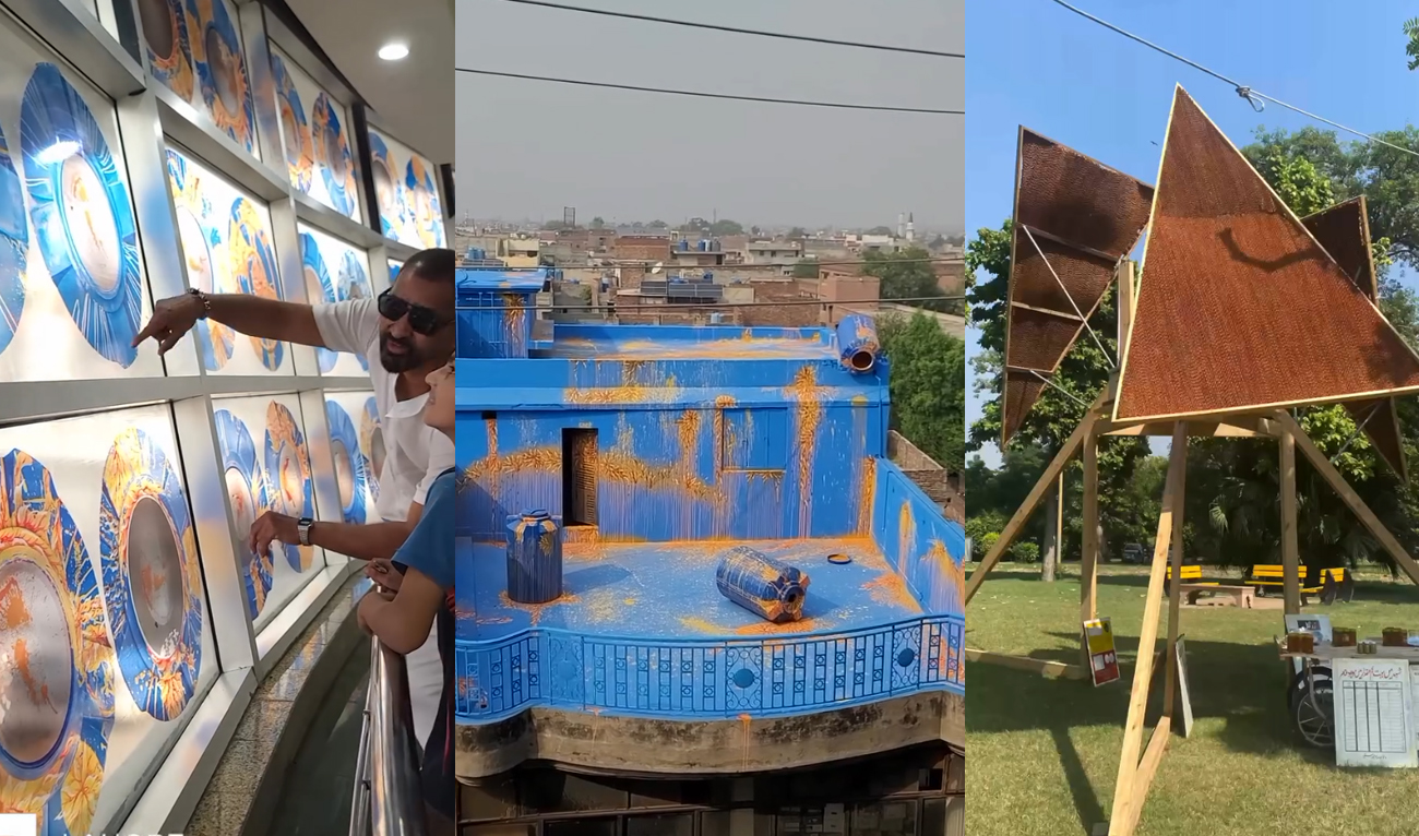 This combination of photos, created on October 13, 2024, shows art instillations placed during the Lahore Biennale, a large-scale international contemporary exhibition, in Lahore. (Photo courtesy: Instagram/@lahorebiennalefoundation)
