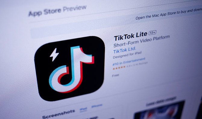 This photograph taken on April 11, 2024, in Paris, shows the logo of the Chinese social network application TikTok Lite displayed in Apple's App Store. (AFP/File)