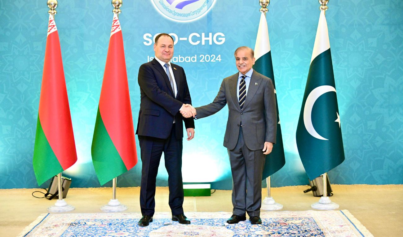 Prime Minister Shehbaz Sharif (R) meets with Prime Minister of Belarus, Roman Golovchenko on the sidelines of Shanghai Cooperation Organisation Council of Heads of Government Meeting on October 15, 2024. (Government of Pakistan)