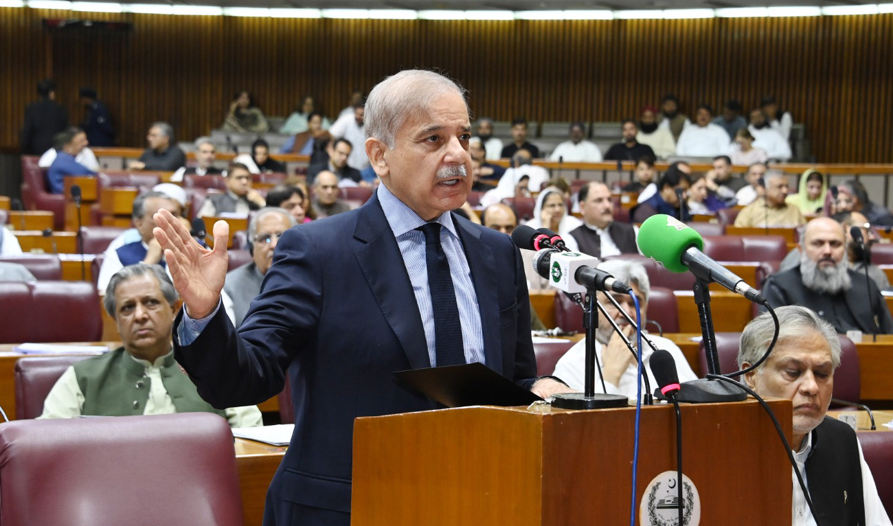 In this handout photograph, taken and released by Pakistan’s Press Information Department, Pakistan Prime Minister Shehbaz Sharif speaks during a parliament session in Islamabad on August 2, 2024. (PID/File)