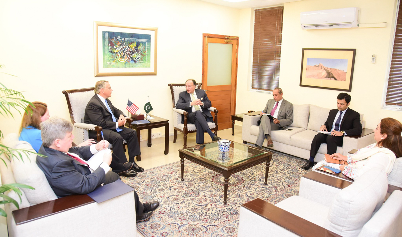 Pakistan Finance Minister Muhammad Aurangzeb (center right) speaks during a meeting with the Ambassador of USA to Pakistan Donald Blome in Islamabad on October 17, 2024. (Photo courtesy: X/@Financegovpk)