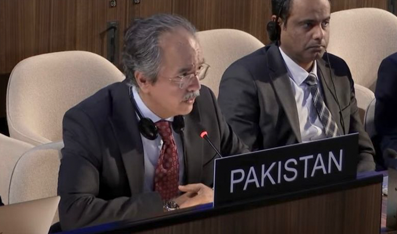 Pakistan’s Ambassador and Permanent Delegate Asim Iftikhar Ahmad tables resolution on “Countering Disinformation for the Promotion and Protection of Freedom of Expression and Access to Information” in Paris on October 17, 2024. (Pakistan Embassy)