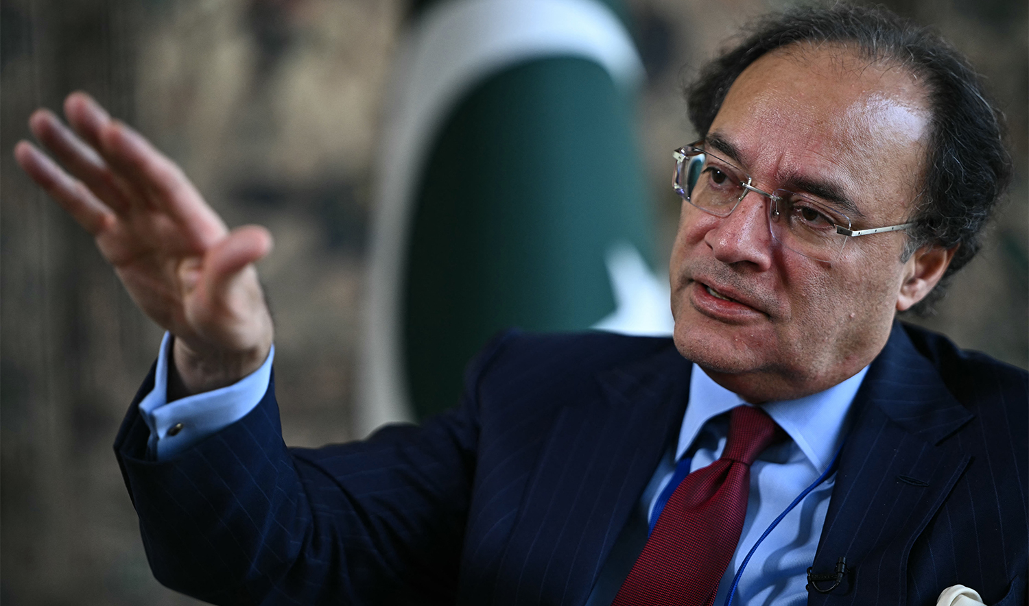 Pakistan's Finance Minister Muhammad Aurangzeb speaks during an interview with AFP at the Embassy of Pakistan in Washington, DC on April 15, 2024. (AFP/File)