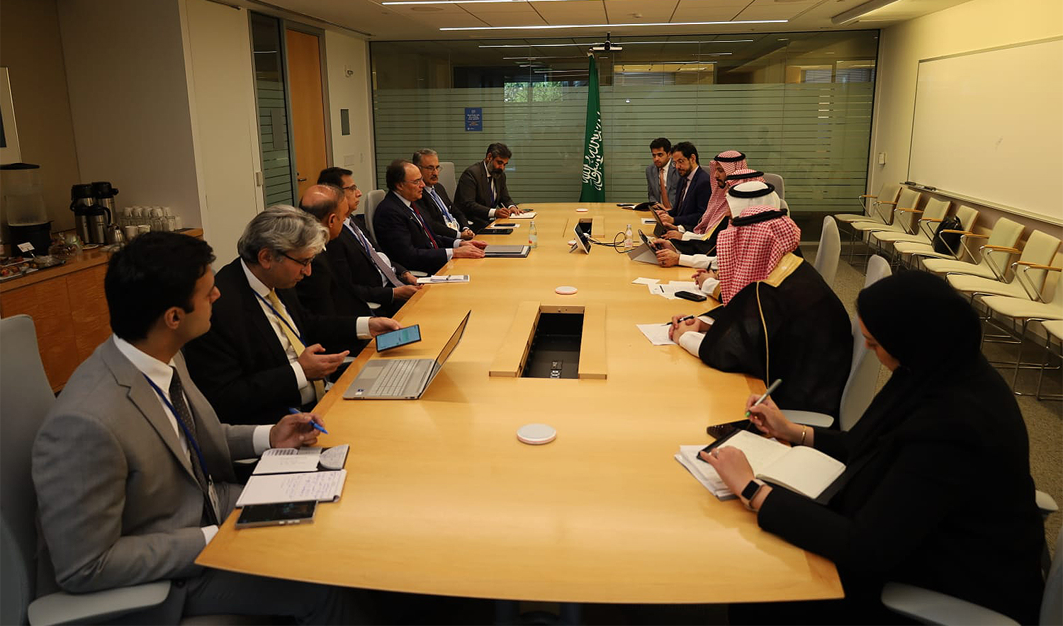 Pakistan’s Finance Minister Muhammad Aurangzeb (fifth from left) meets his Saudi counterpart, Mohammed Al-Jadaan (fourth from right) on the sidelines of World Bank-IMF Annual Meetings in the United States on October 23, 2024. (@Financegovpk/X)