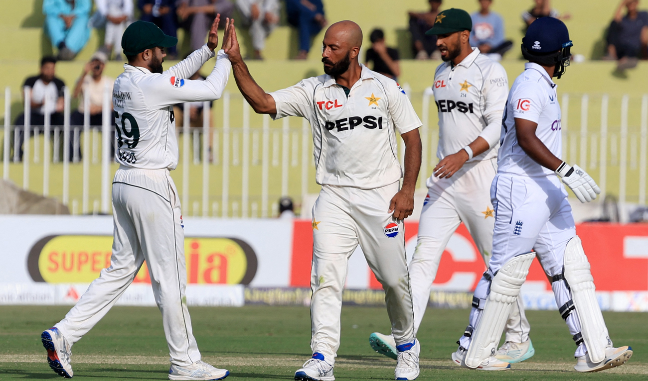 Pakistan’s Sajid Khan celebrates with teammates after taking the wicket of England’s Rehan Ahmed during the third Test between England and Pakistan at the Rawalpindi Cricket Stadium in Rawalpindi on October 24, 2024. (REUTERS)