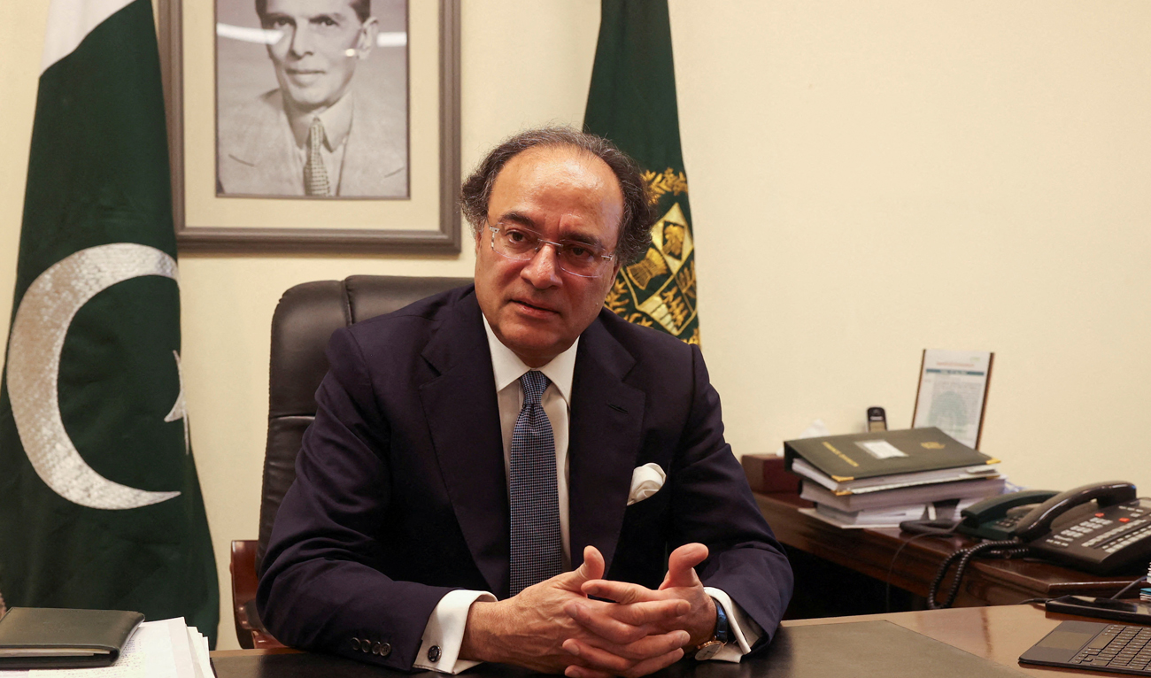 Pakistan Finance Minister Muhammad Aurangzeb speaks during an interview with Reuters at his office in Islamabad on July 19, 2024. (REUTERS/File)