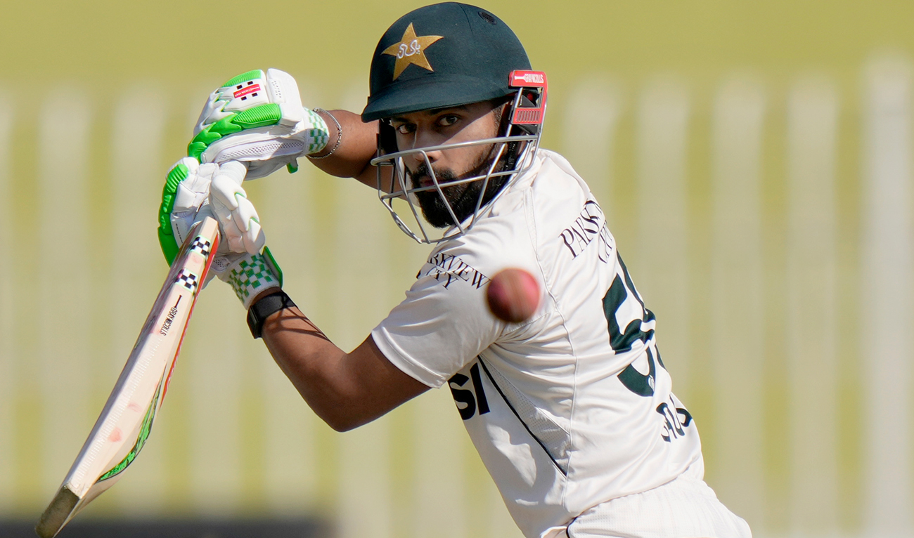 Pakistan’s Saud Shakeel plays a shot during the day two of third test cricket match between Pakistan and England, in Rawalpindi on October 25, 2024. (AP)