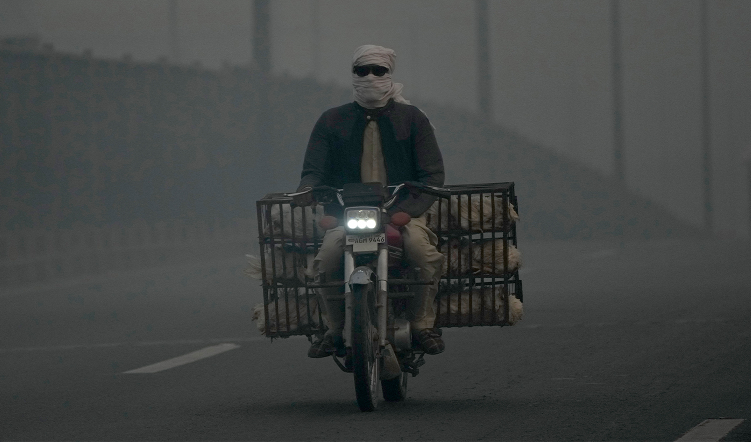A chicken vendor drives his motorcycle with headlights on as smog envelops the area, in Lahore, Pakistan, on October 28, 2024. (AP)