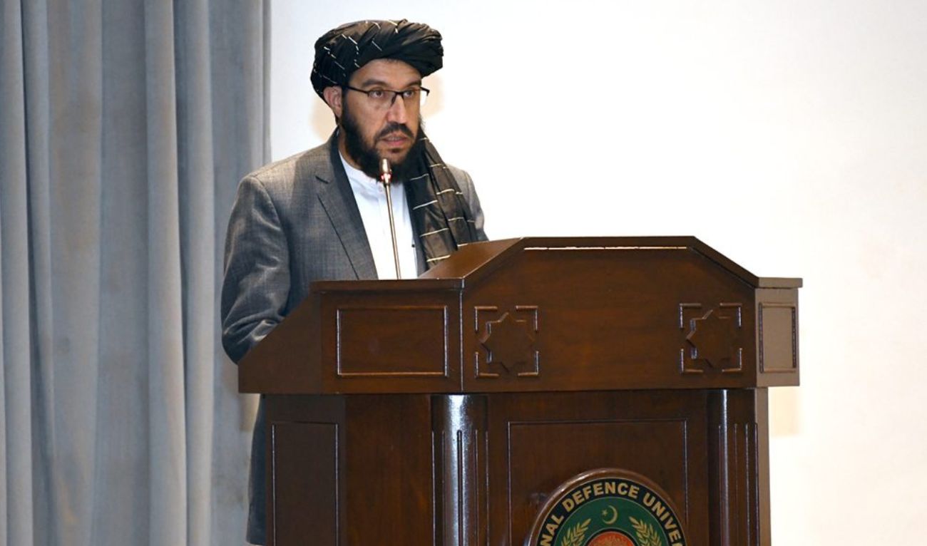 Mawlawi Sardar Ahmad Shakeeb, acting ambassador of Afghanistan to Islamabad, addresses the audience at an event at a university in Islamabad, Pakistan on September 12, 2023. (Photo courtesy: NDU/ website)