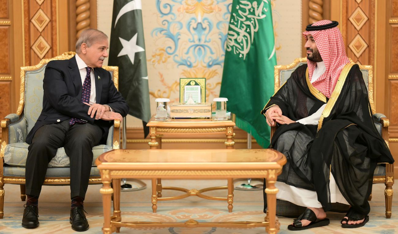 Prime Minister Shehbaz Sharif meets with Saudi Crown Prince Mohammed bin Salman on the sidelines of the Future Investment Initiative summit in Riyadh on October 29, 2024. (PMO)