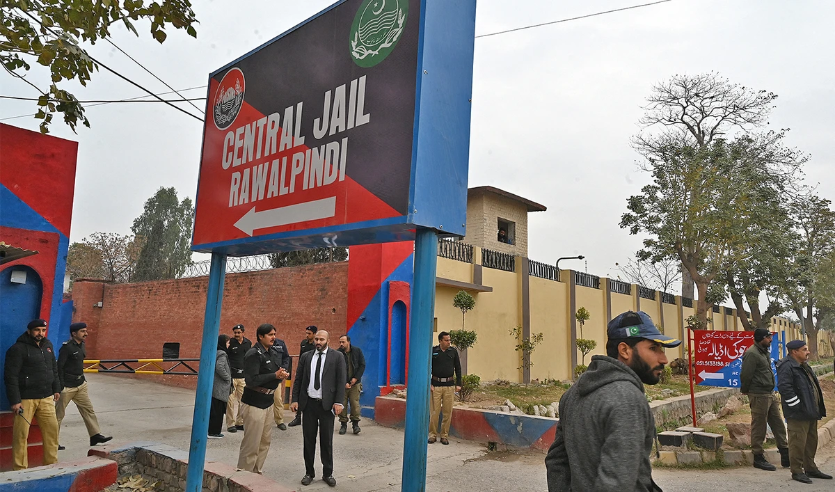 Police personnel stand outside the entrance of Adiala jail during the hearing of jailed former Pakistan's Prime Minister Imran Khan, in Rawalpindi on January 30, 2024. (AFP/File)