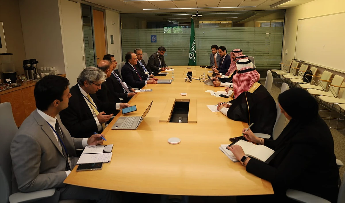 Pakistan’s Finance Minister Muhammad Aurangzeb (fifth from left) meets his Saudi counterpart, Mohammed Al-Jadaan (fourth from right) on the sidelines of World Bank-IMF Annual Meetings in the United States on October 23, 2024. (@Financegovpk/X)