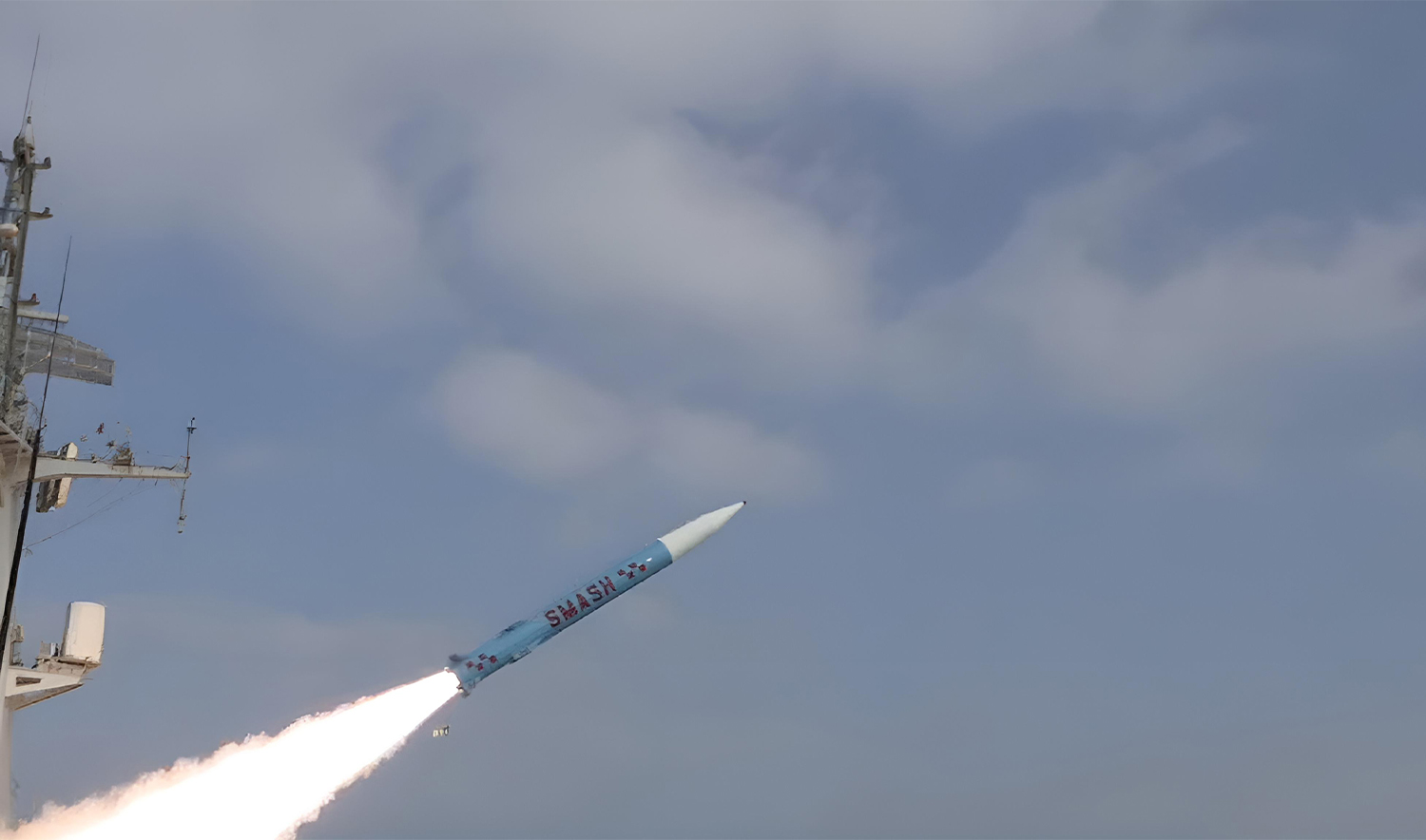 The screengrab taken from a video shared by Pakistan Navy on November 4, 2024, shows Navy test-firing a ship-launched ballistic missile. (Pakistan Navy)