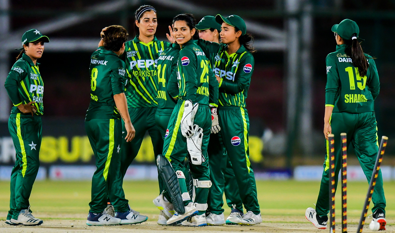 Pakistani woman cricketers celebrate after taking a wicket in the third T20I match against West Indies at National Bank Stadium in Karachi, Pakistan, on April 30, 2024. (PCB/File)