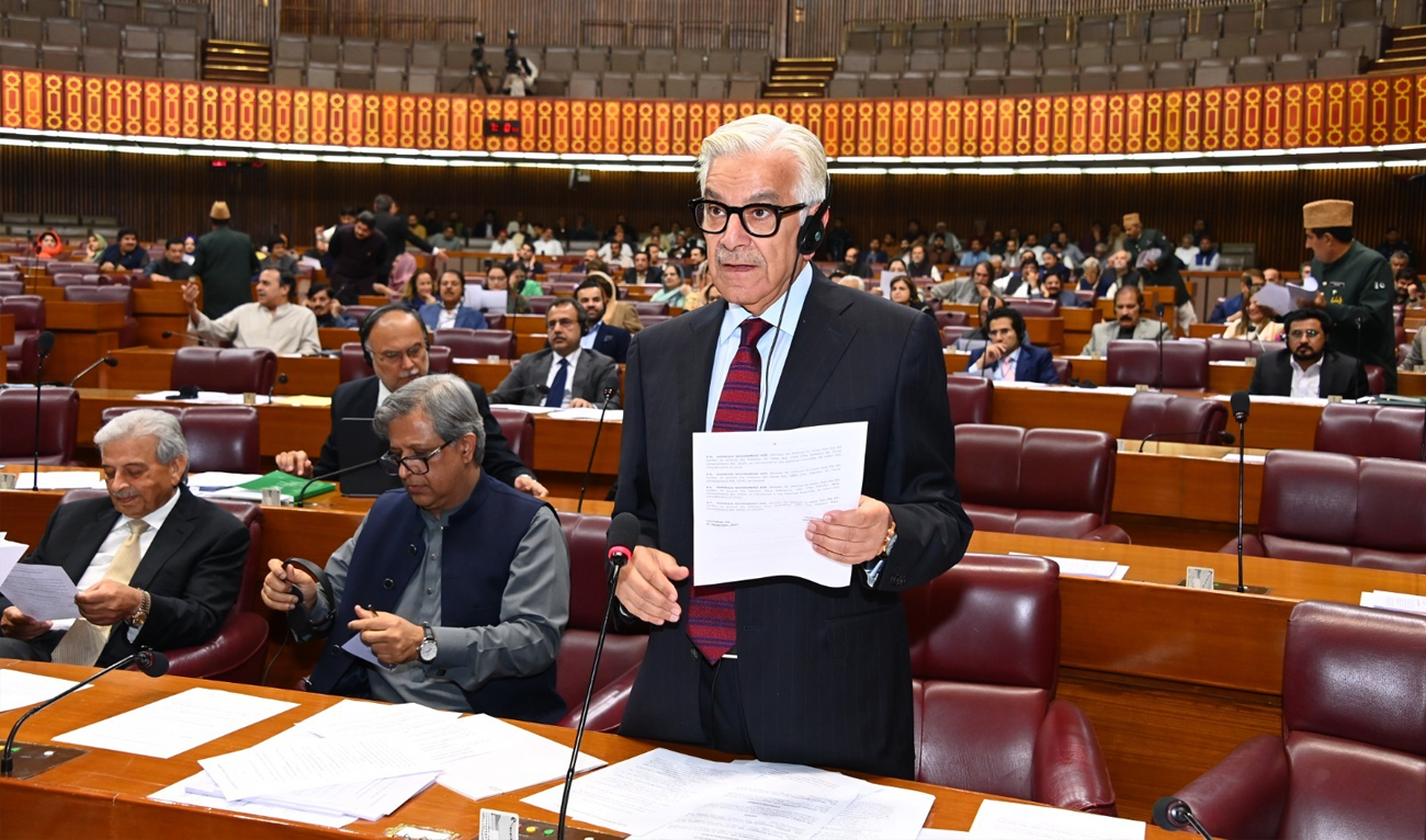 Pakistan's Defense Minister Khawaja Asif is addressing a session of National Assembly of Pakistan in Islamabad, Pakistan, on November 4, 2024. (National Assembly of Pakistan/File)