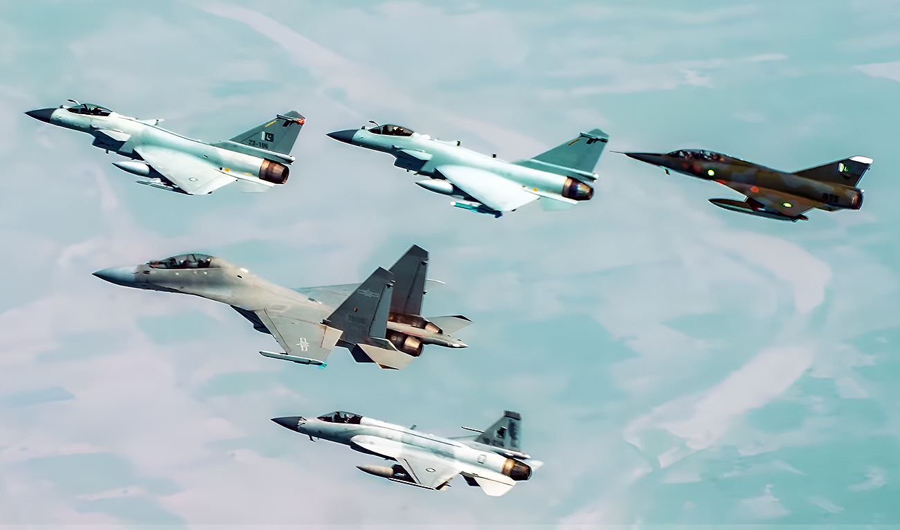 The screengrab taken from a video shared by Pakistan Air Force on November 5, 2024, shows Chinese and Pakistani aircraft taking part in a joint military exercise, "Indus Shield-2024." (Pakistan Air Force/Screengrab)