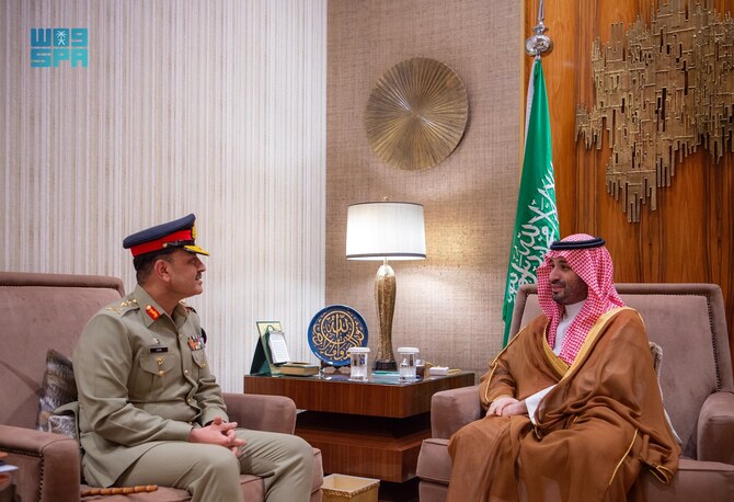 In this handout photograph, released by the Saudi Press Agency on November 6, 2024, Pakistan Army Chief General Syed Asim Munir meets Saudi Crown Prince Mohammed bin Salman in Riyadh. (SPA)